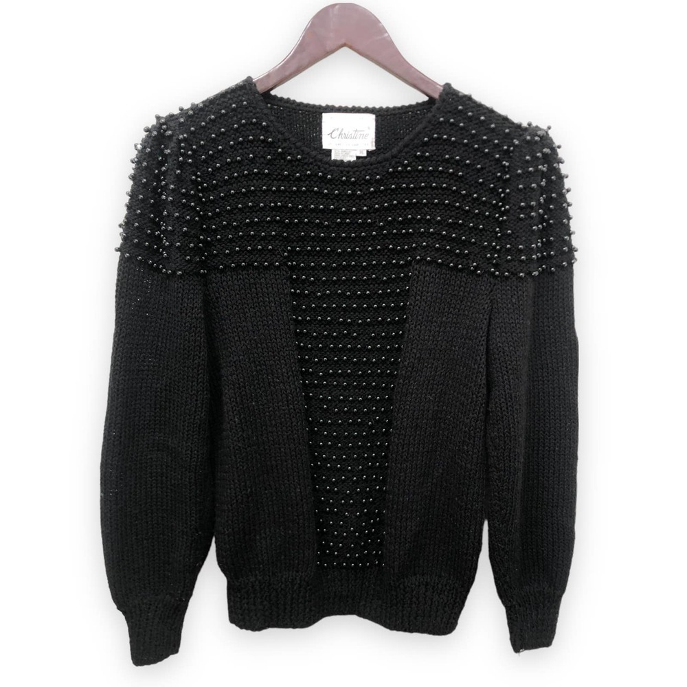 Vintage 80s 90s Beaded Black Sweater Medium